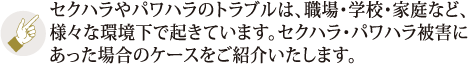 セクハラやパワハラのトラブルは、職場・学校・家庭など、様々な環境下で起きています。セクハラ・パワハラ被害にあった場合のケースをご紹介いたします。