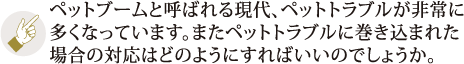 ペットブームと呼ばれる現代、ペットトラブルが非常に多くなっています。またペットトラブルに巻き込まれた場合の対応はどのようにすればいいのでしょうか。